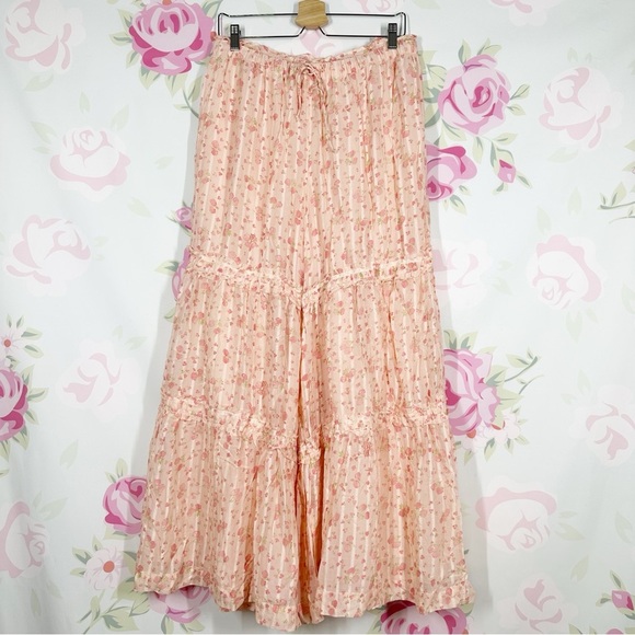 NEW Free People Emmaline Tiered Pull On Peach Combo Pants L
